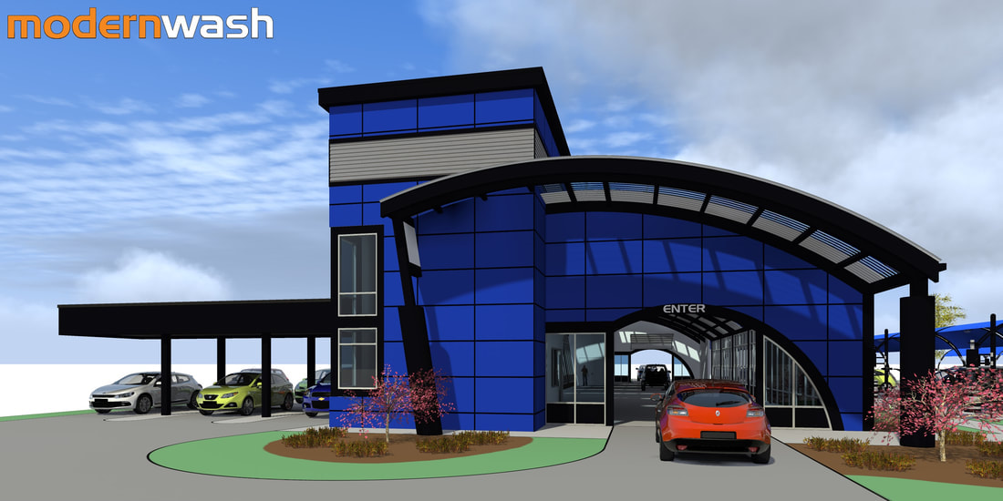 Express tunnel car wash with blue cladding and curved roof